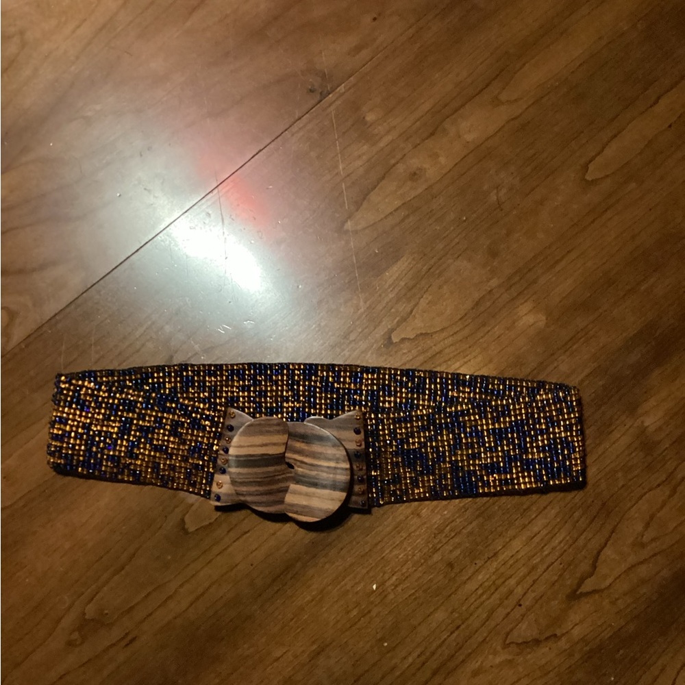 Orange & Blue Beaded Belt with Wooden Buckle